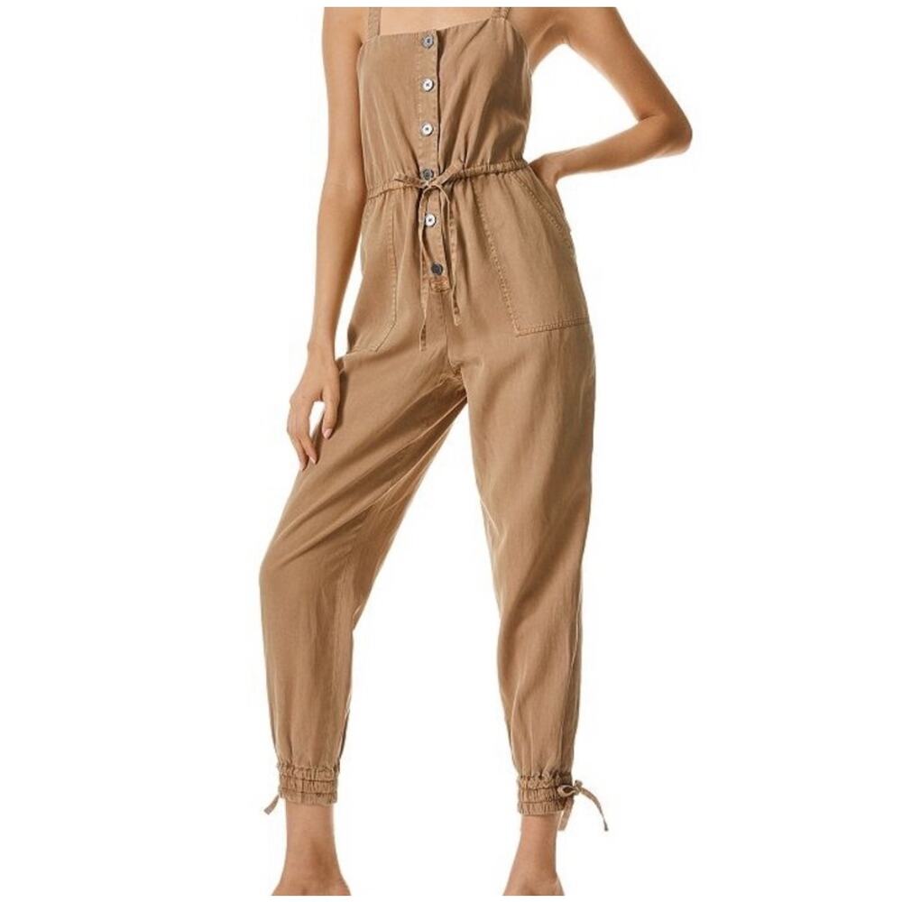 Alice + Olivia Linen Blend Tiana Button Front Patch Pocket Jumpsuit Sz 0 Tan